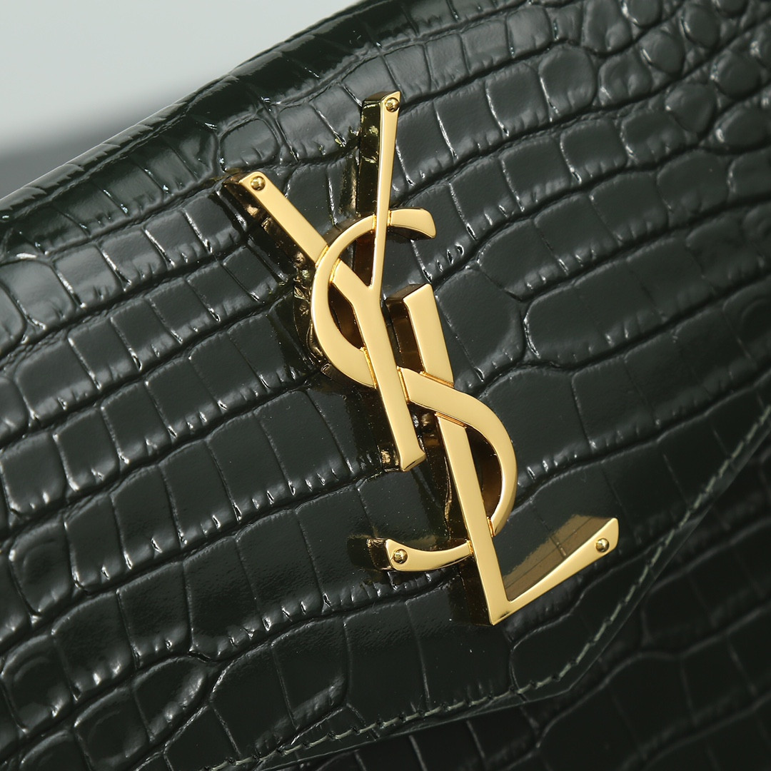 YSL UPTOWN POUCH IN CROCODILE-EMBOSSED SHINY LEATHER BLACK 10.6 X 6.2 X 0.7 INCHES
