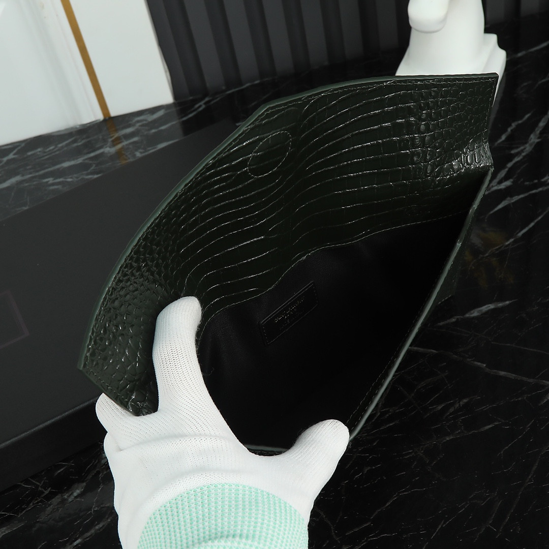 YSL UPTOWN POUCH IN CROCODILE-EMBOSSED SHINY LEATHER BLACK 10.6 X 6.2 X 0.7 INCHES