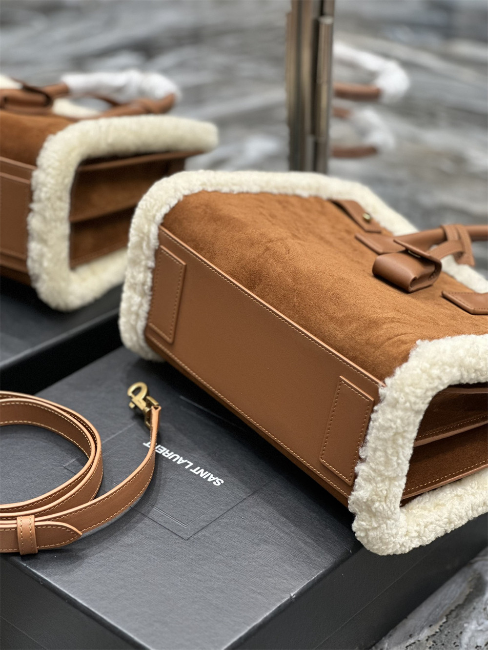 Y51 SAC DE JOUR S*pPLE NANO IN SUEDE AND SHEARLING DARK CIGAR AND NATURAL BEIGE