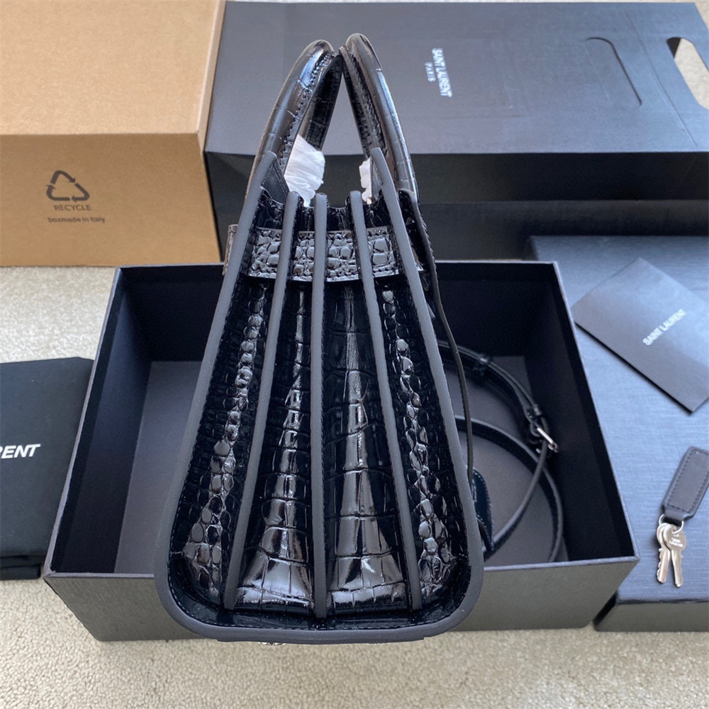 Y51 SAC DE JOUR NANO IN CROCODILE EMBOSSED LEATHER BLACK 8.6 X 6.8 X 3.5 INCHES