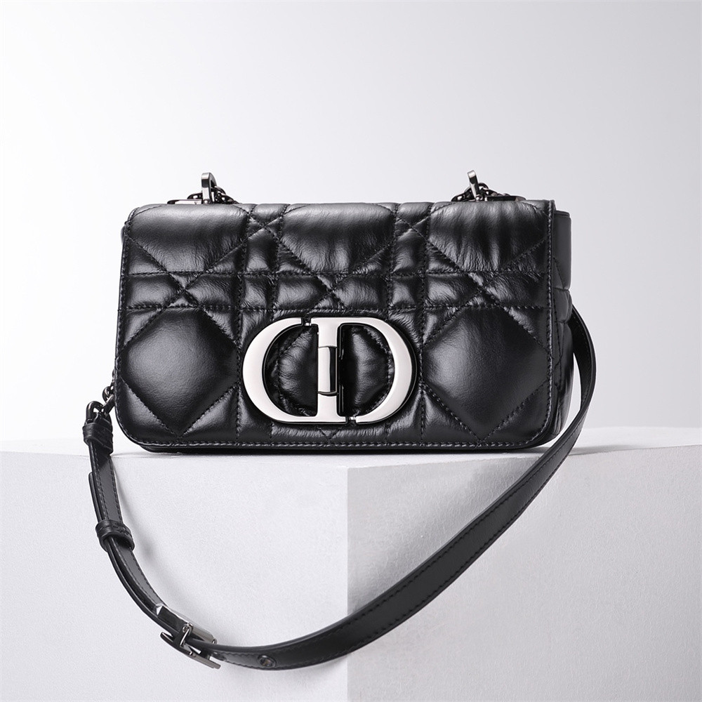 SMALL D10r CARO BAG BLACK S*pple Cannage Calfskin With Silver Hardware 20 x 12 x 7 cm