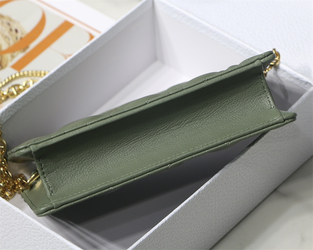 D10r CARO ZIPPED POUCH WITH CHAIN Green S*pple Cannage Calfskin 19 x 14 x 4.5 cm