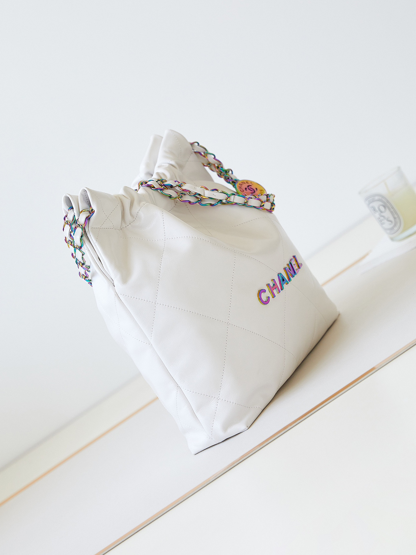 Ch**el 22 SMALL HANDBAG Shiny Calfskin & Rainbow Metal White 13.7×14.4×2.7 in