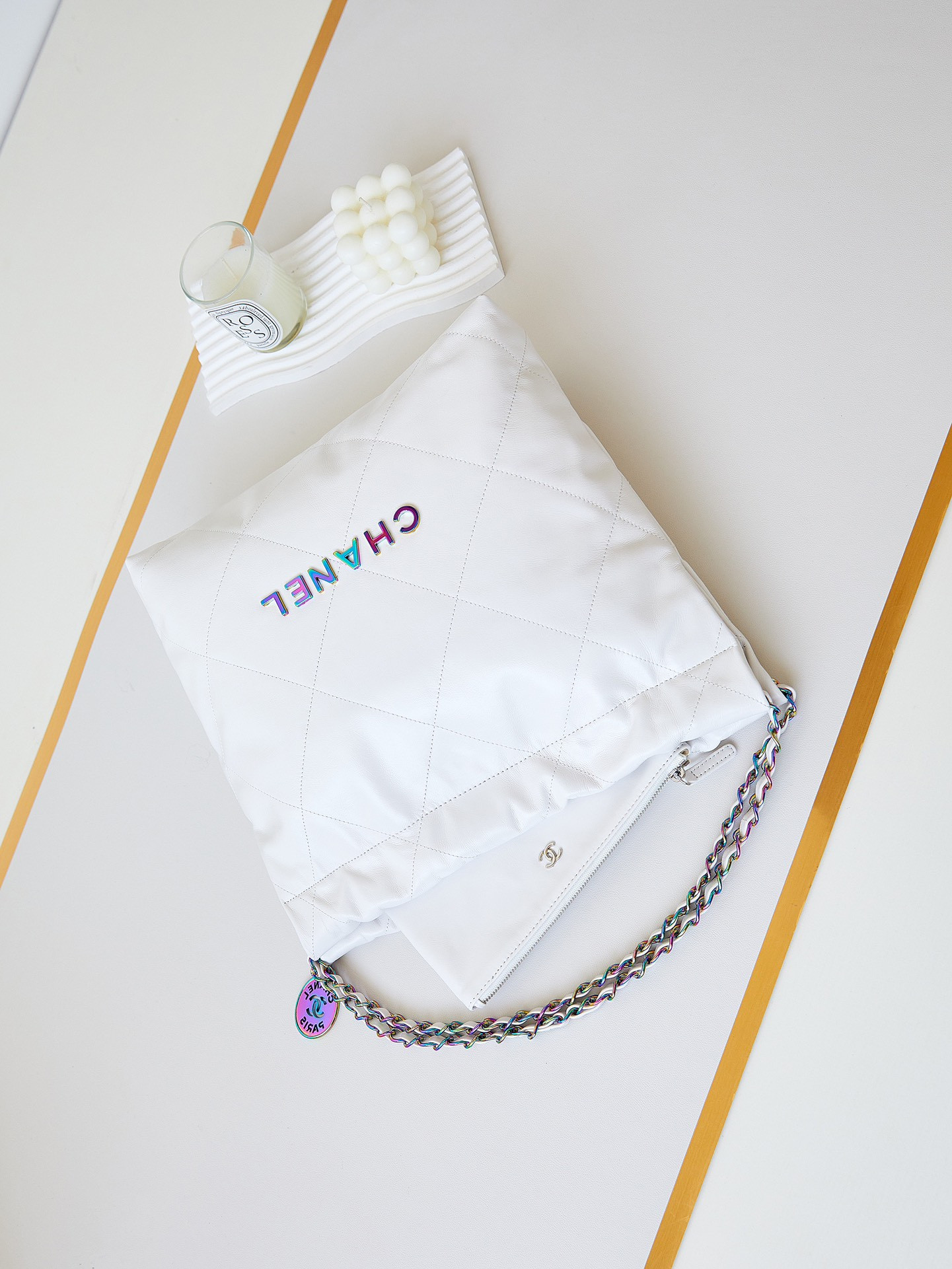 Ch**el 22 SMALL HANDBAG Shiny Calfskin & Rainbow Metal White 13.7×14.4×2.7 in