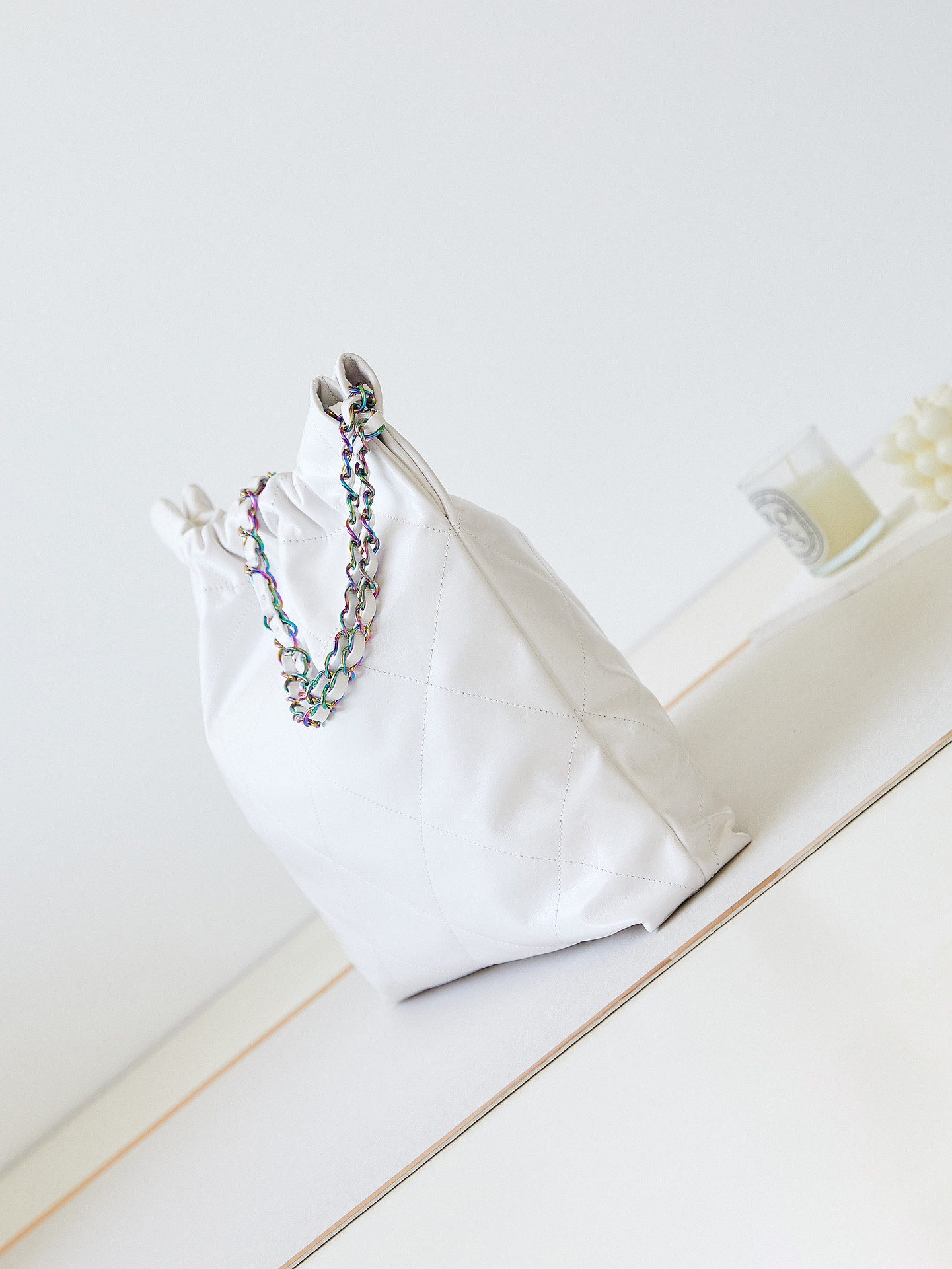 Ch**el 22 SMALL HANDBAG Shiny Calfskin & Rainbow Metal White 15.2×16.4×3.1 in