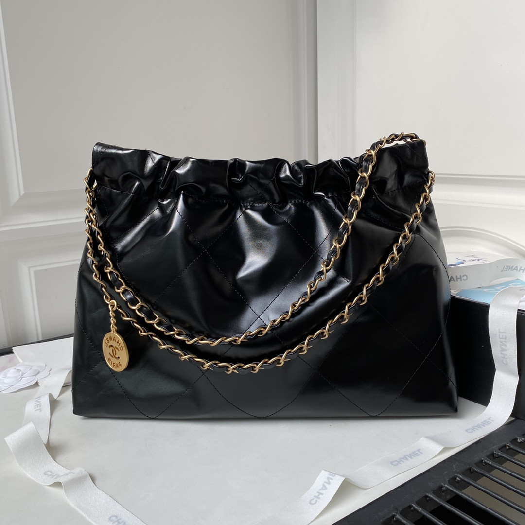Ch**el 22 HANDBAG Shiny Calfskin BLACK 30×45×8cm