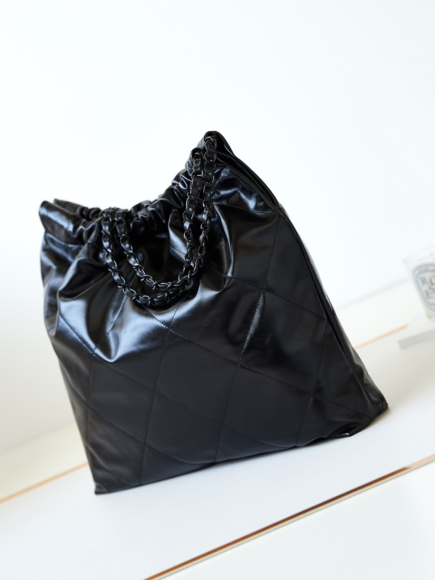 Ch**el 22 HANDBAG Shiny Calfskin ALL Black 15.2×16.4×3.1 in