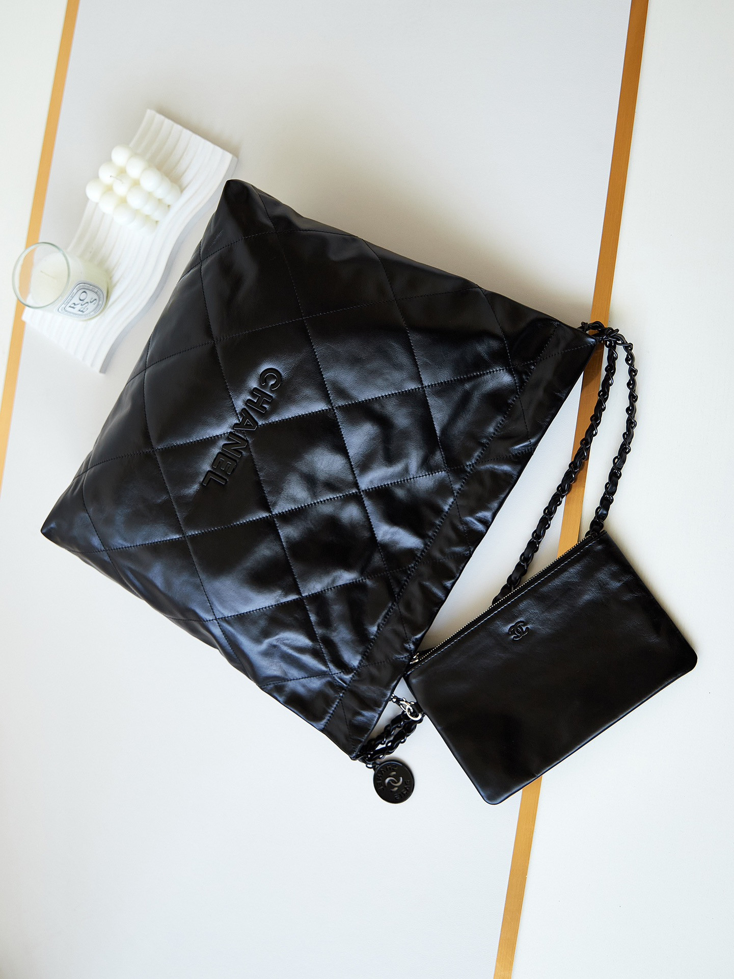 Ch**el 22 HANDBAG Shiny Calfskin ALL Black 15.2×16.4×3.1 in