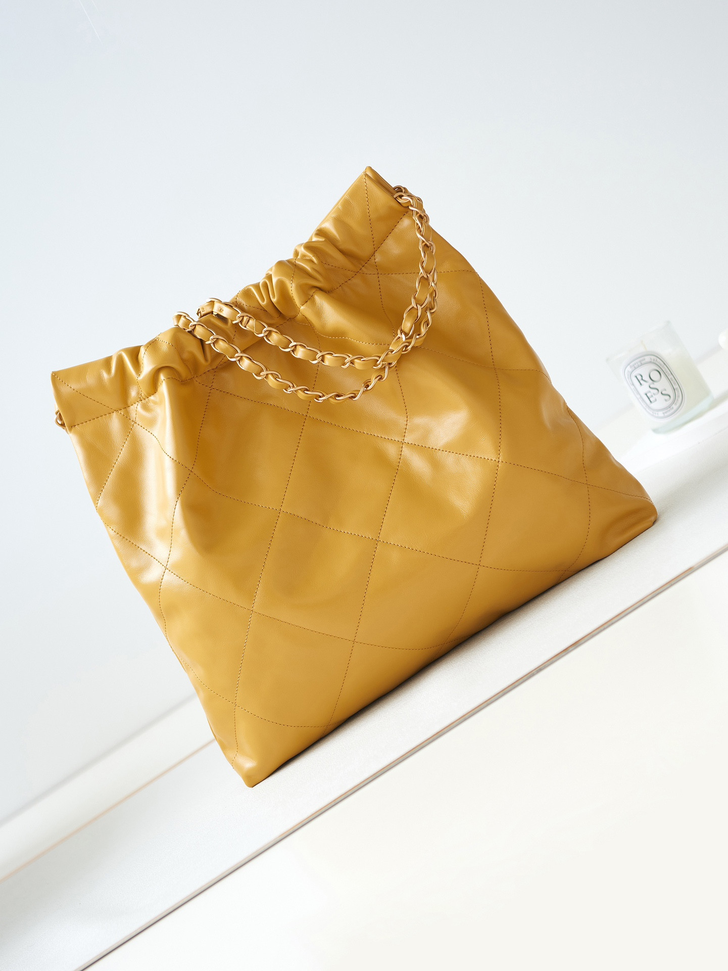 Ch**el 22 SMALL HANDBAG Shiny Calfskin YELLOW 15.2×16.4×3.1 in