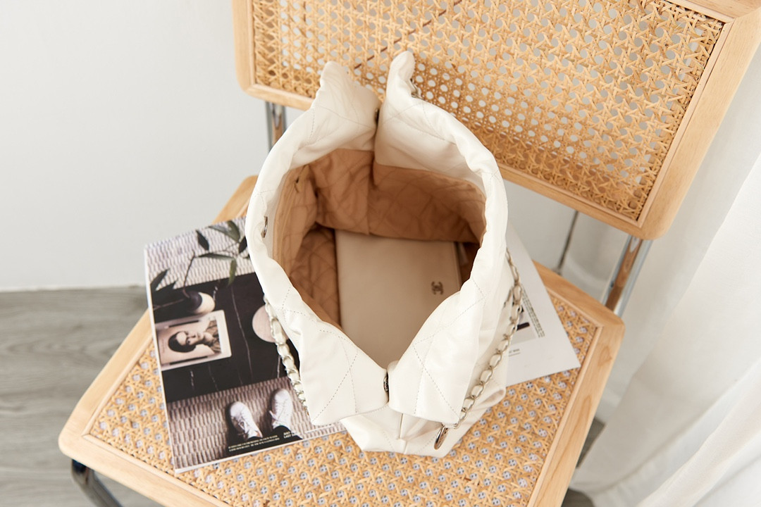 Ch**el 22 HANDBAG Metallic Shaded Calfskin & Silver-Tone Metal White 15.2×16.4×3.1 in