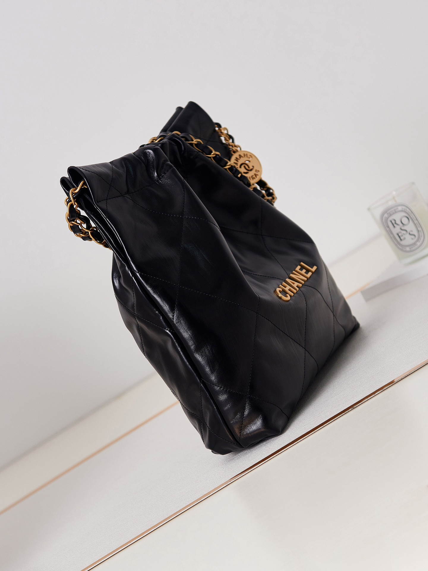 Ch**el 22 SMALL HANDBAG Shiny Calfskin & GOLD Metal BLACK 13.7×14.4×2.7 in