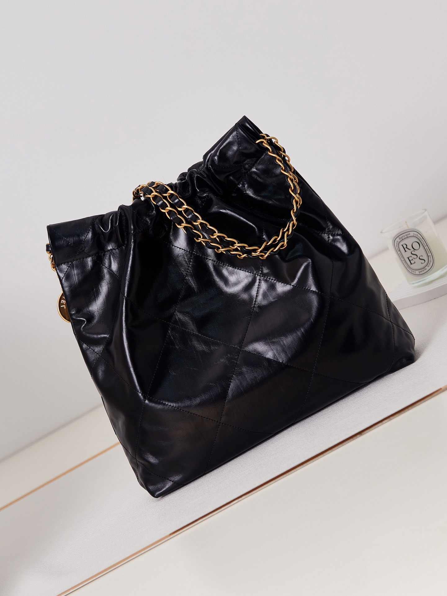 Ch**el 22 SMALL HANDBAG Shiny Calfskin & GOLD Metal BLACK 13.7×14.4×2.7 in