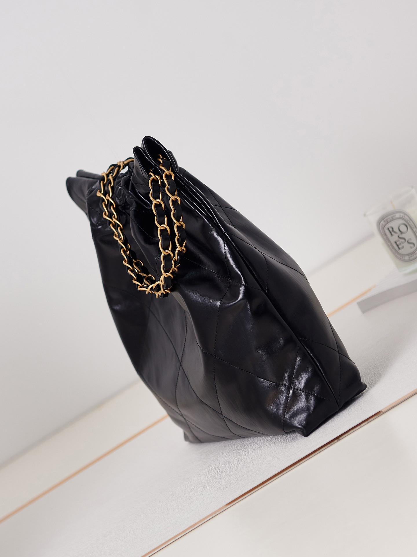 Ch**el 22 SMALL HANDBAG Shiny Calfskin & GOLD Metal BLACK 13.7×14.4×2.7 in