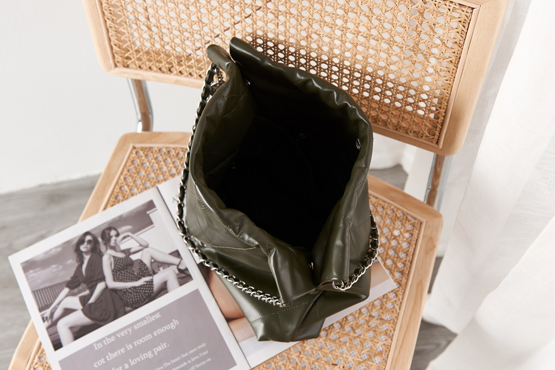 Ch**el 22 SMALL HANDBAG Shiny Calfskin & SILVER Metal BLACK 13.7×14.4×2.7 in