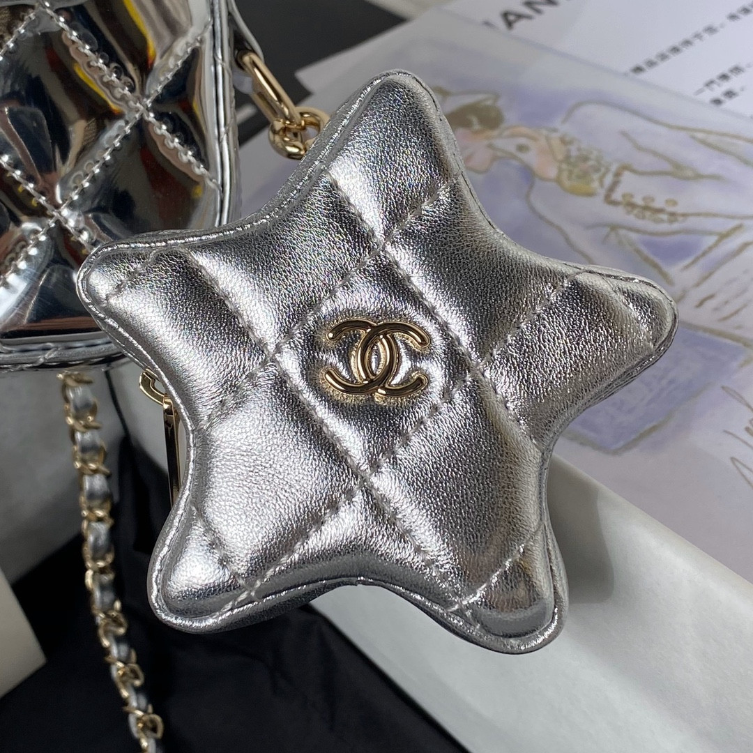 Ch**el FLAP BAG & STAR COIN PURSE SILVER 12.5×19×5cm
