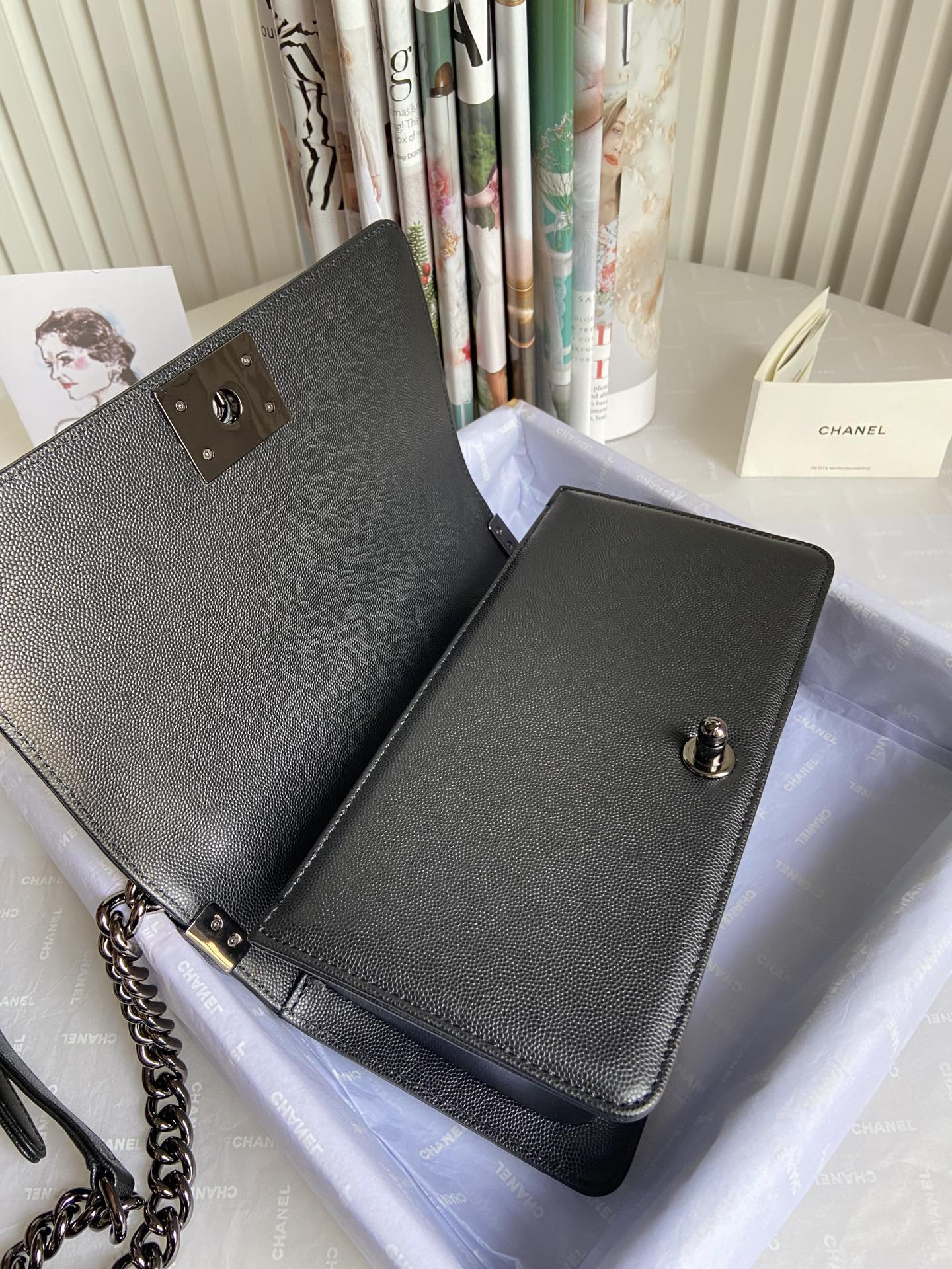 BOY Ch**el HANDBAG Shiny Grained Calfskin Black 5.9 × 9.8 × 3.5 in