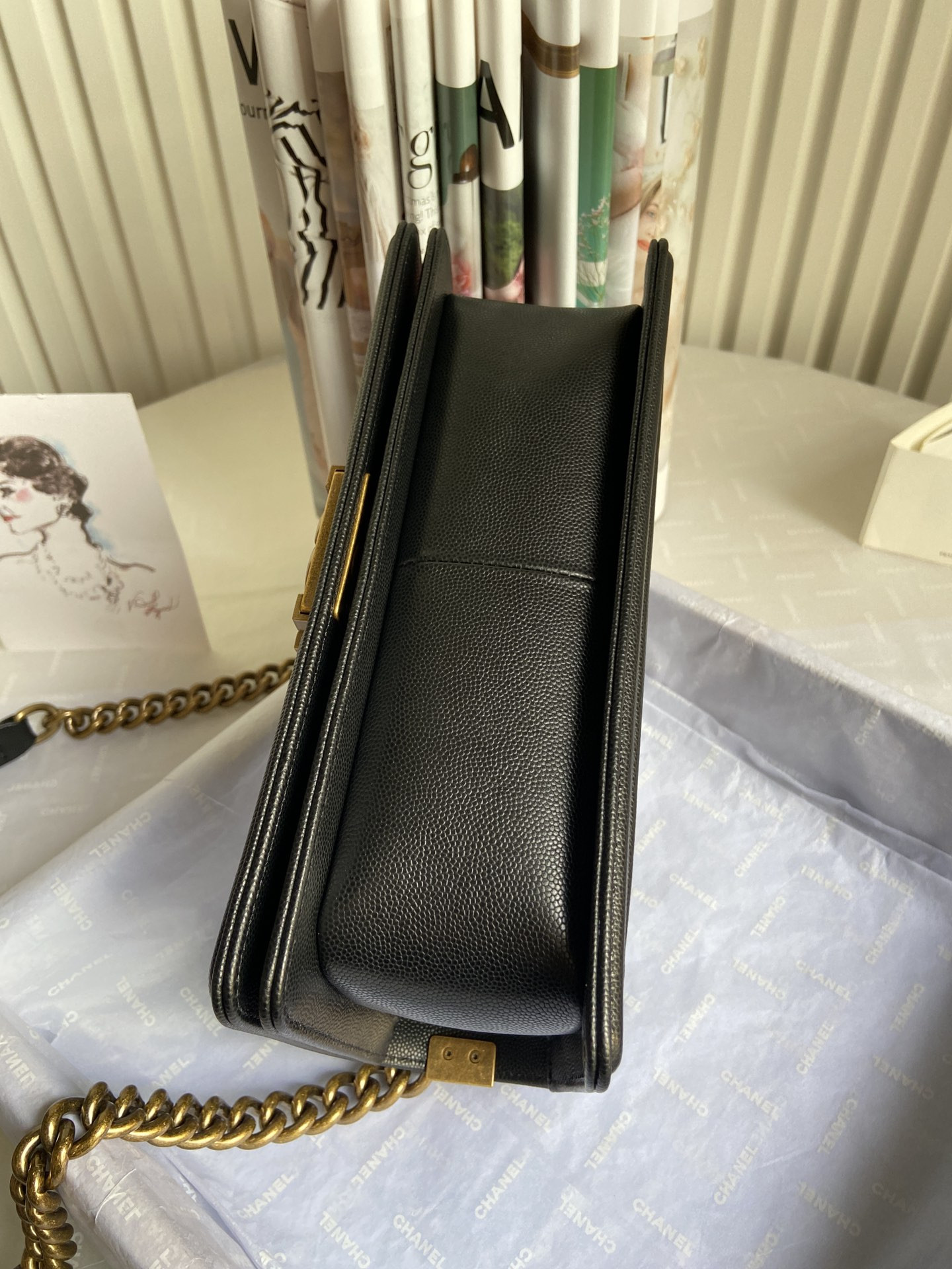 BOY Ch**el HANDBAG Shiny Grained Calfskin Black 5.9 × 9.8 × 3.5 in