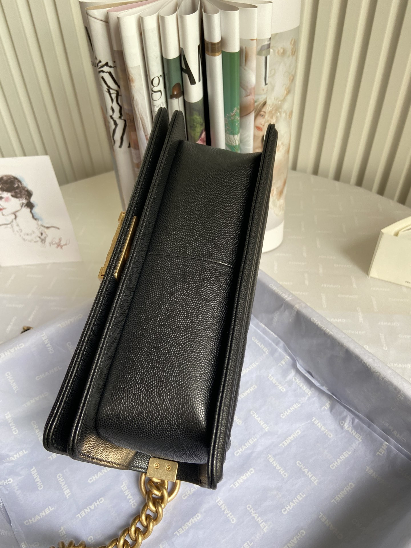 BOY Ch**el HANDBAG Shiny Grained Calfskin Black 5.9 × 9.8 × 3.5 in