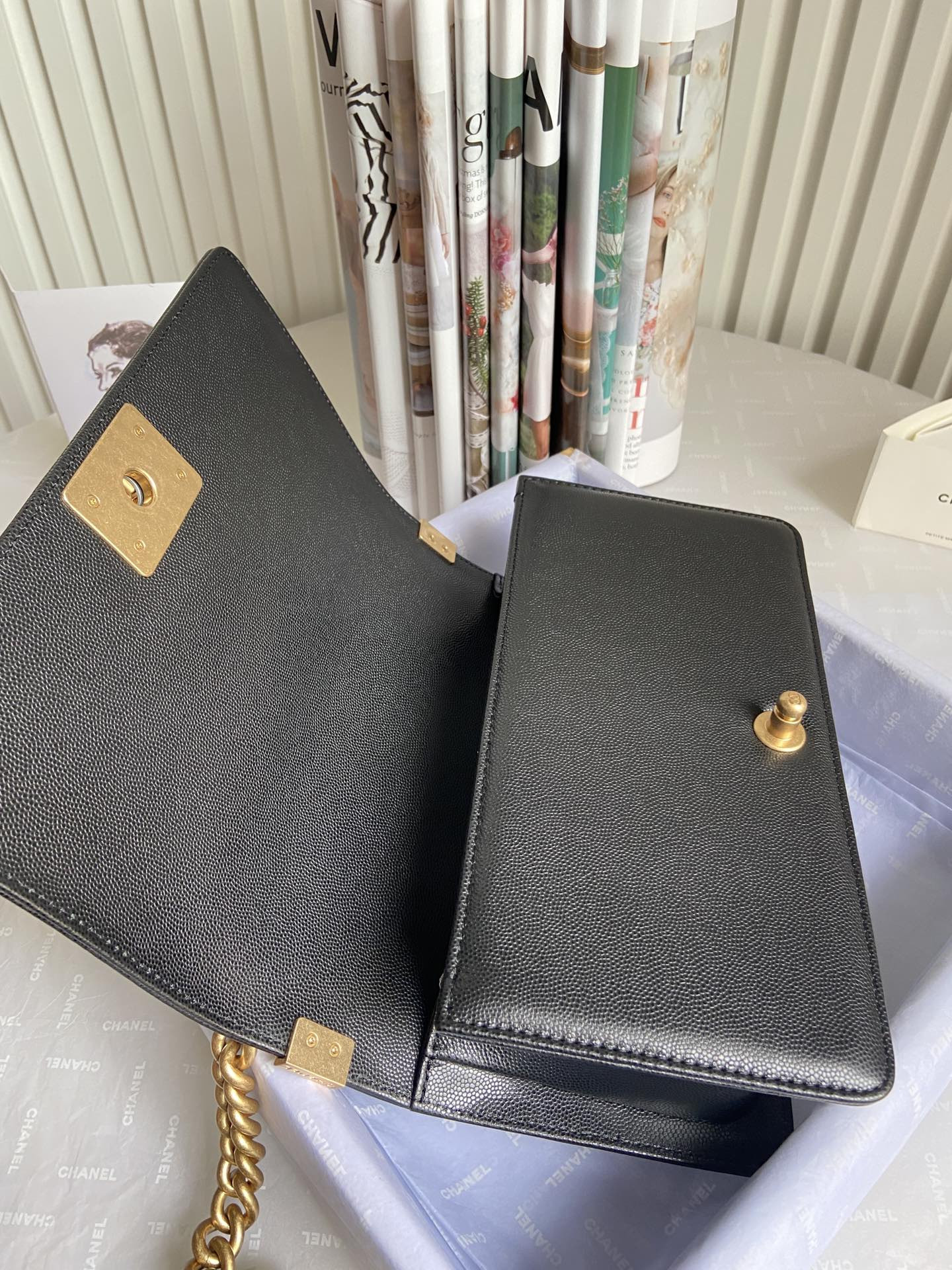 BOY Ch**el HANDBAG Shiny Grained Calfskin Black 5.9 × 9.8 × 3.5 in