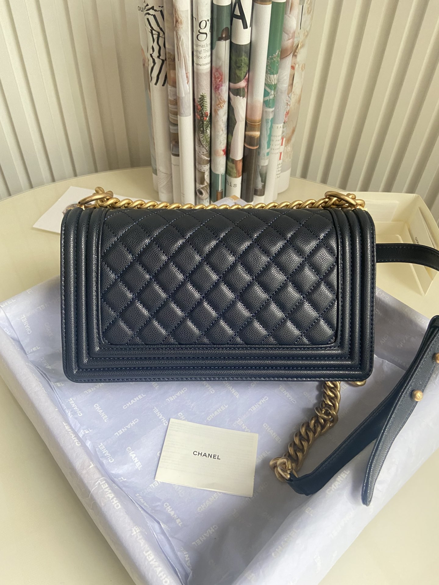 BOY Ch**el HANDBAG Shiny Grained Calfskin & Gold-Tone Metal Navy 5.9 × 9.8 × 3.5 in