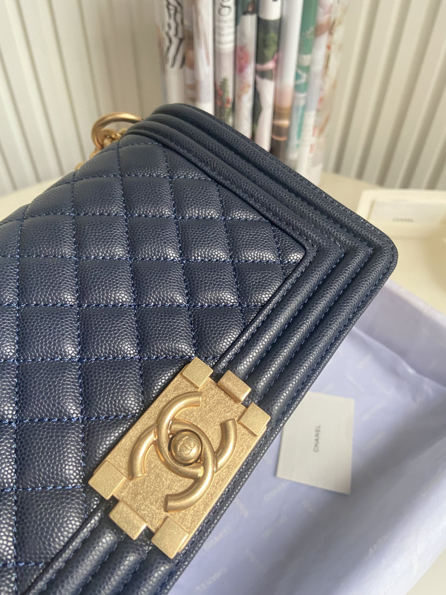 BOY Ch**el HANDBAG Shiny Grained Calfskin & Gold-Tone Metal Navy 5.9 × 9.8 × 3.5 in