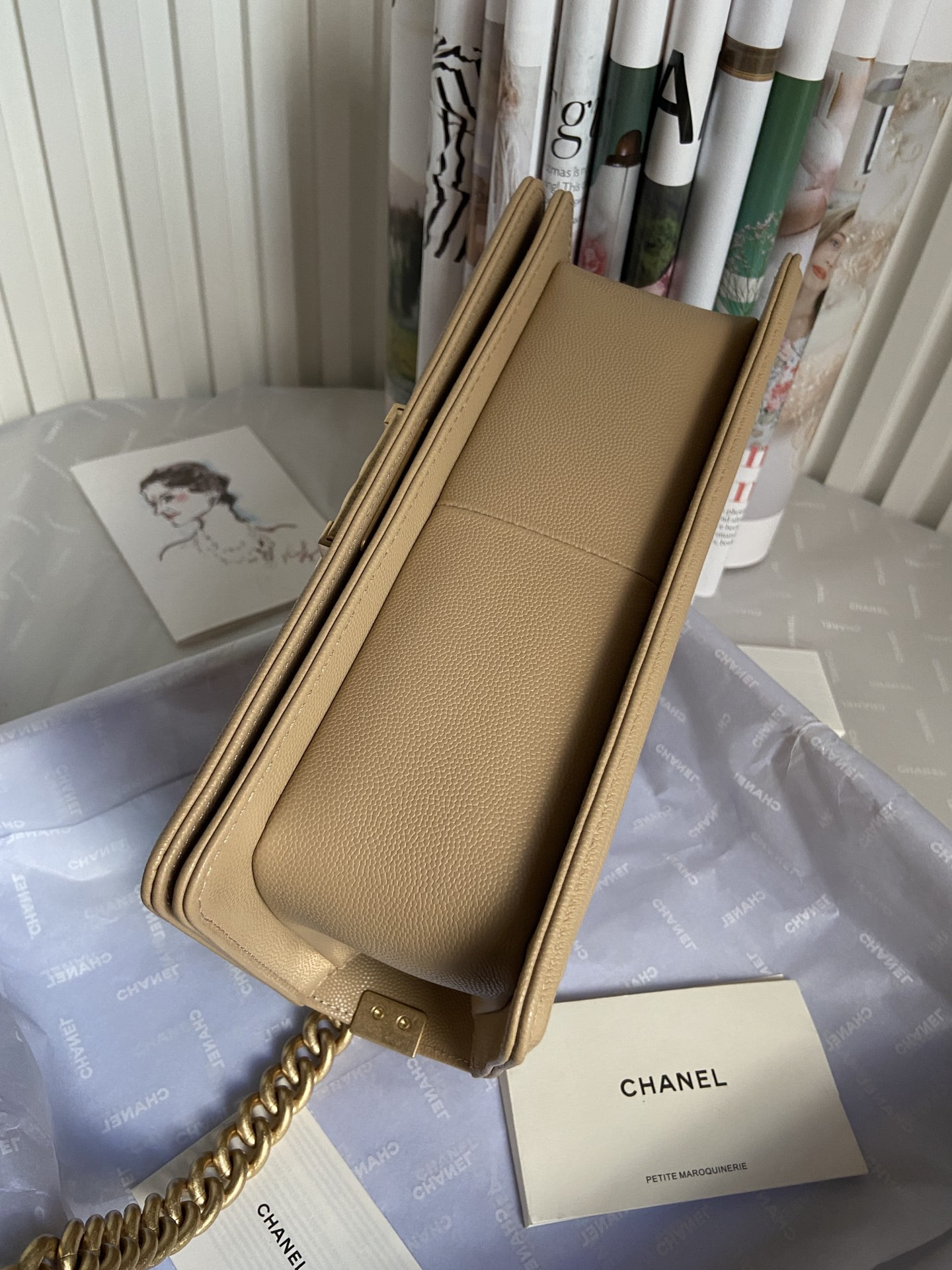 BOY Ch**el HANDBAG Shiny Grained Calfskin Brown 5.9 × 9.8 × 3.5 in