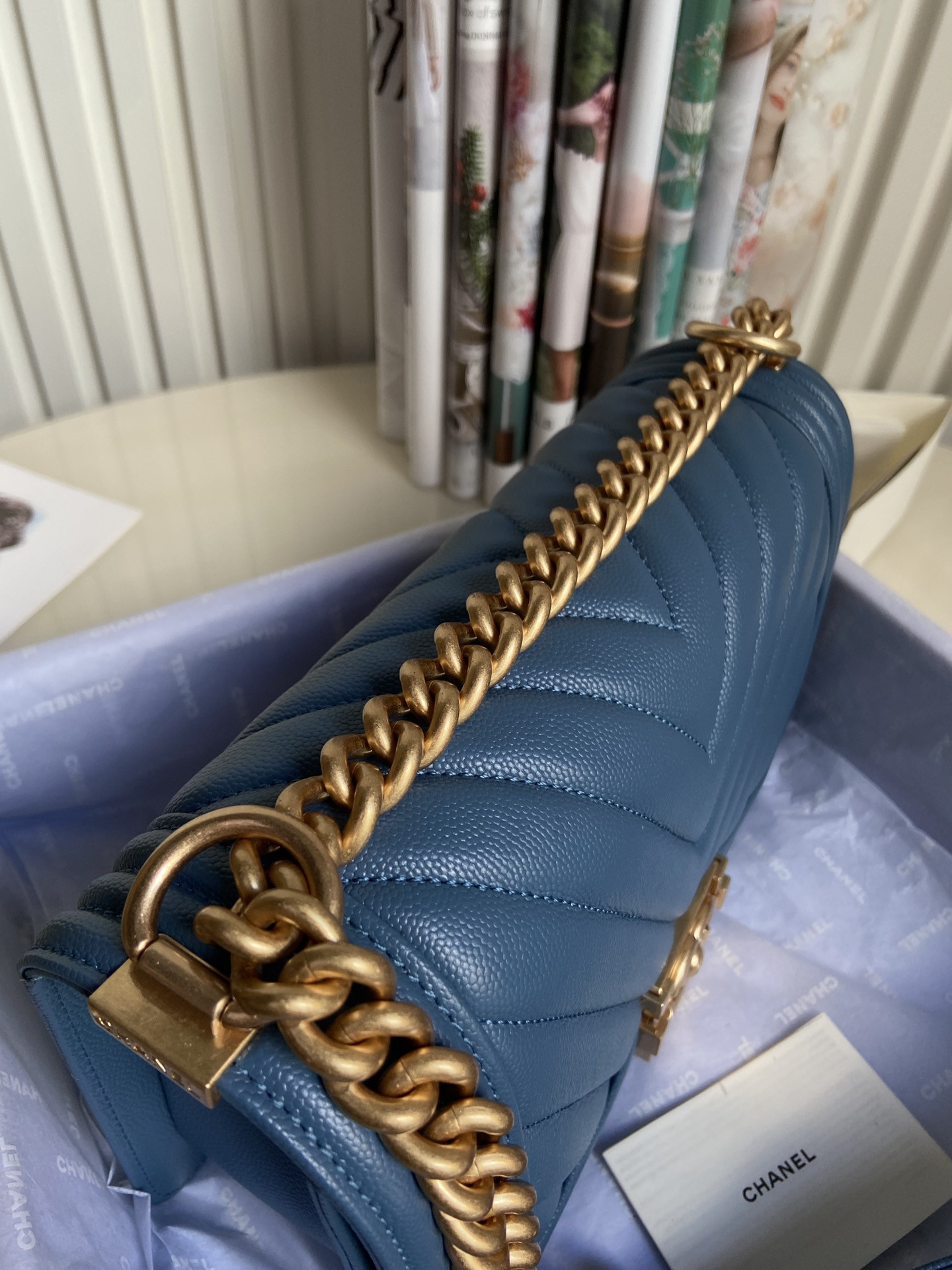 BOY Ch**el HANDBAG Shiny Grained Calfskin & Gold-Tone Metal Blue 5.9 × 9.8 × 3.5 in