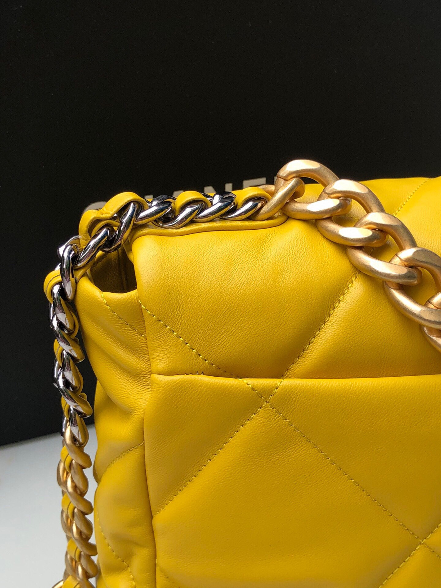 Ch**el 19 LARGE HANDBAG Shiny Leather, Gold-Tone, Silver-Tone & Ruthenium-Finish Metal Yellow 7.8 × 11.7 × 3.9 in