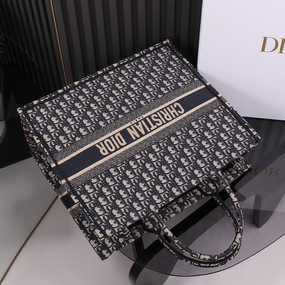 Large D10r Book Tote  Ecru and Blue D10r Oblique Embroidery 16.5 x 14 x 7.5 inches