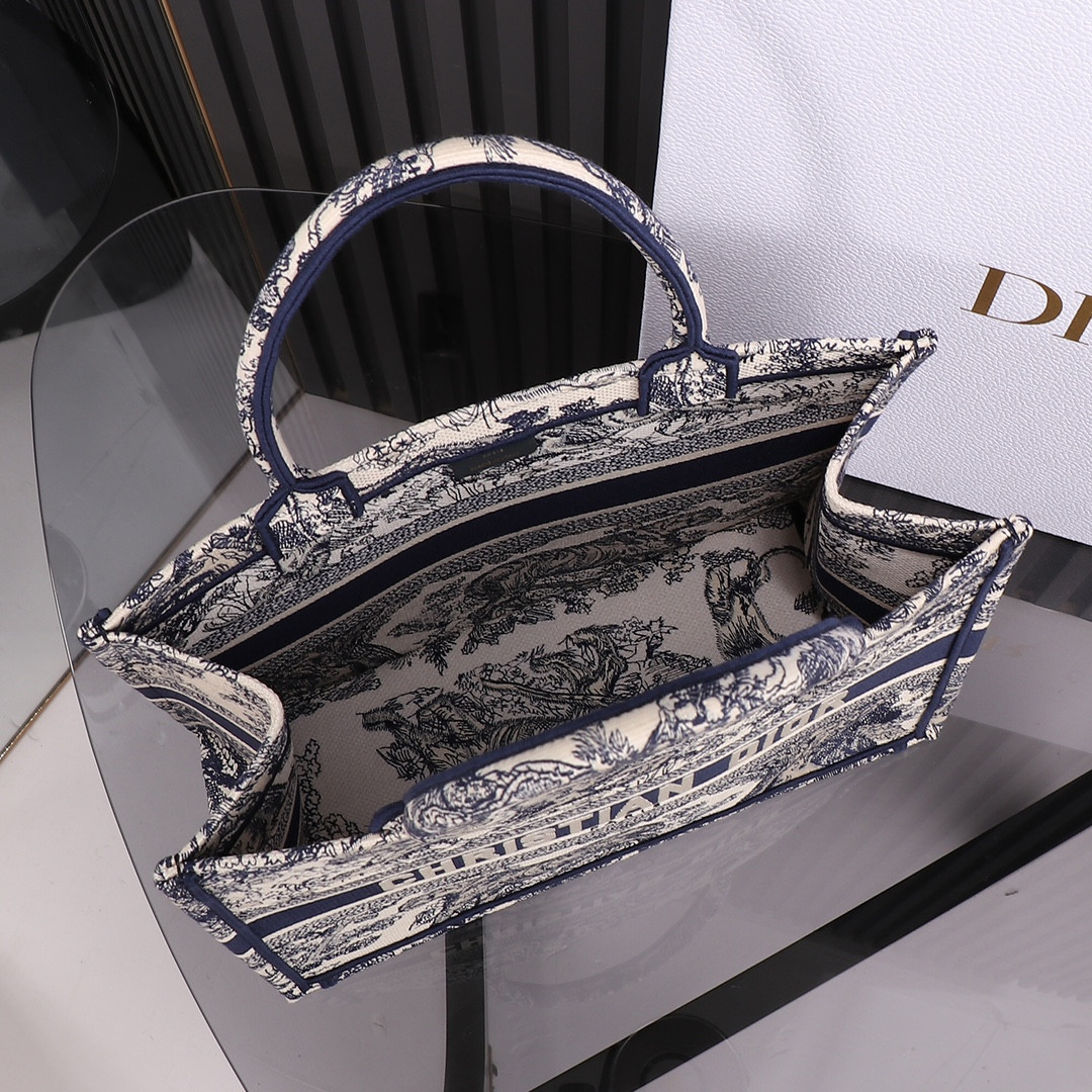 Medium D10r Book Tote  Ecru and Blue Toile de Jouy Embroidery 14 x 11 x 6.5 inches