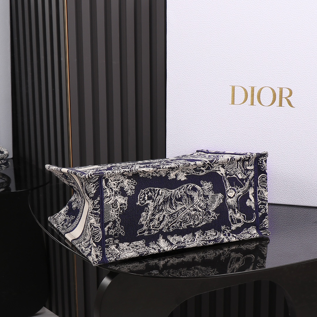 Medium D10r Book Tote  Blue and Ecru Toile de Jouy Reverse Embroidery 14 x 11 x 6.5 inches