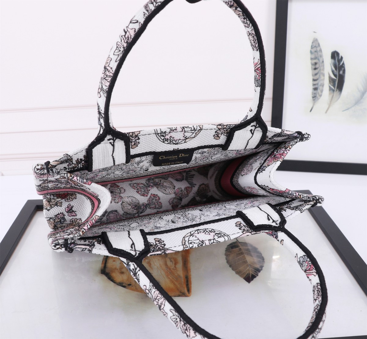 Medium D10r Book Tote  White and Pastel Pink Butterfly Around The World Embroidery 14 x 11 x 6.5 inches