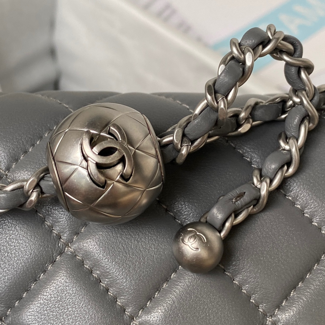 Ch**el MINI FLAP BAG SHINY CALFSKIN & SILVER-TONE METAL GRAY 4.7 × 7.8 × 2.3 in