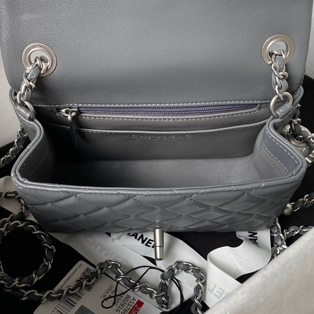 Ch**el MINI FLAP BAG SHINY CALFSKIN & SILVER-Tone METAL GRAY 5.3 × 6.6 × 3.1 in