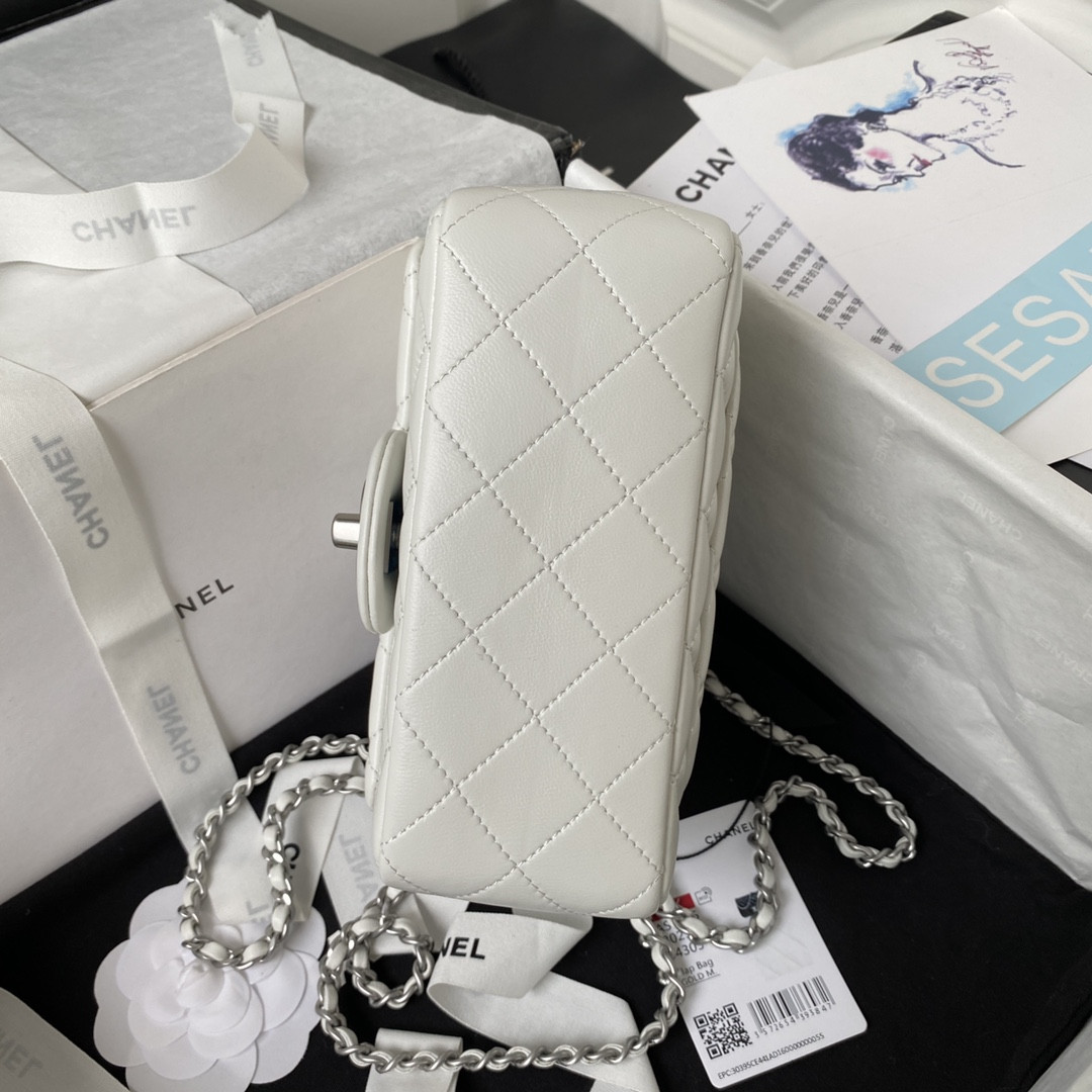 Ch**el MINI FLAP BAG SHINY CALFSKIN & SILVER-Tone METAL WHITE 5.3 × 6.6 × 3.1 in