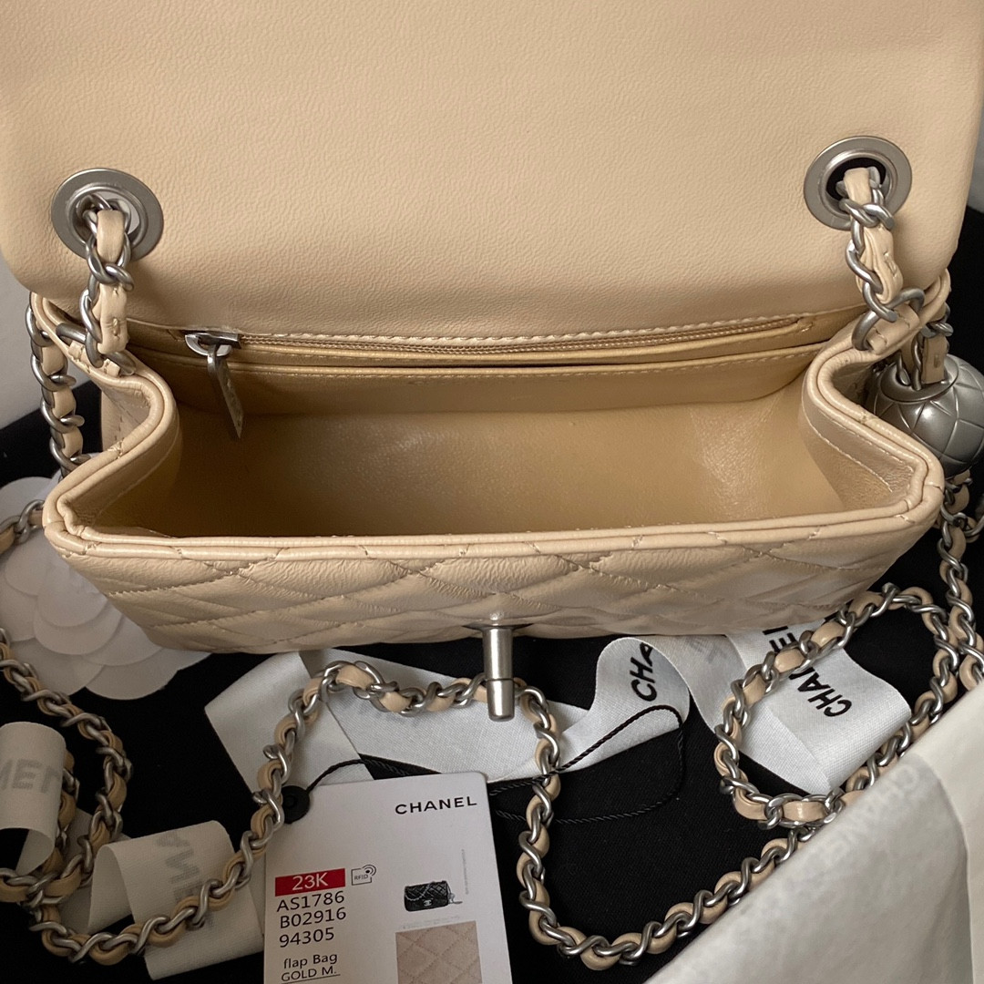 Ch**el MINI FLAP BAG SHINY CALFSKIN & SILVER-Tone METAL COFFEE 5.3 × 6.6 × 3.1 in