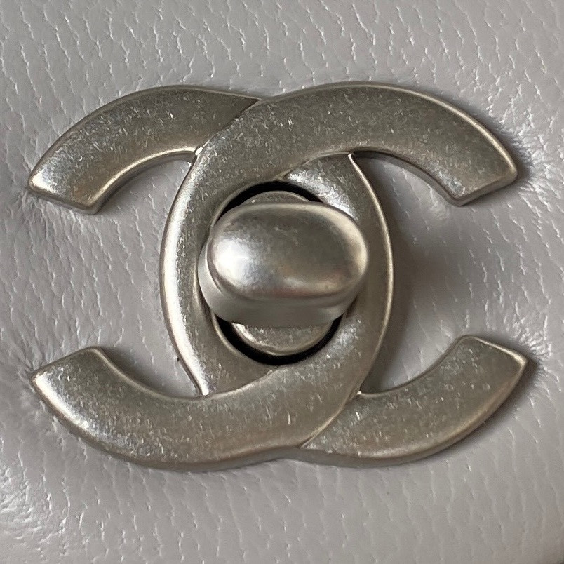 Ch**el MINI FLAP BAG SHINY CALFSKIN & SILVER-Tone METAL LIGHT GRAY 5.3 × 6.6 × 3.1 in