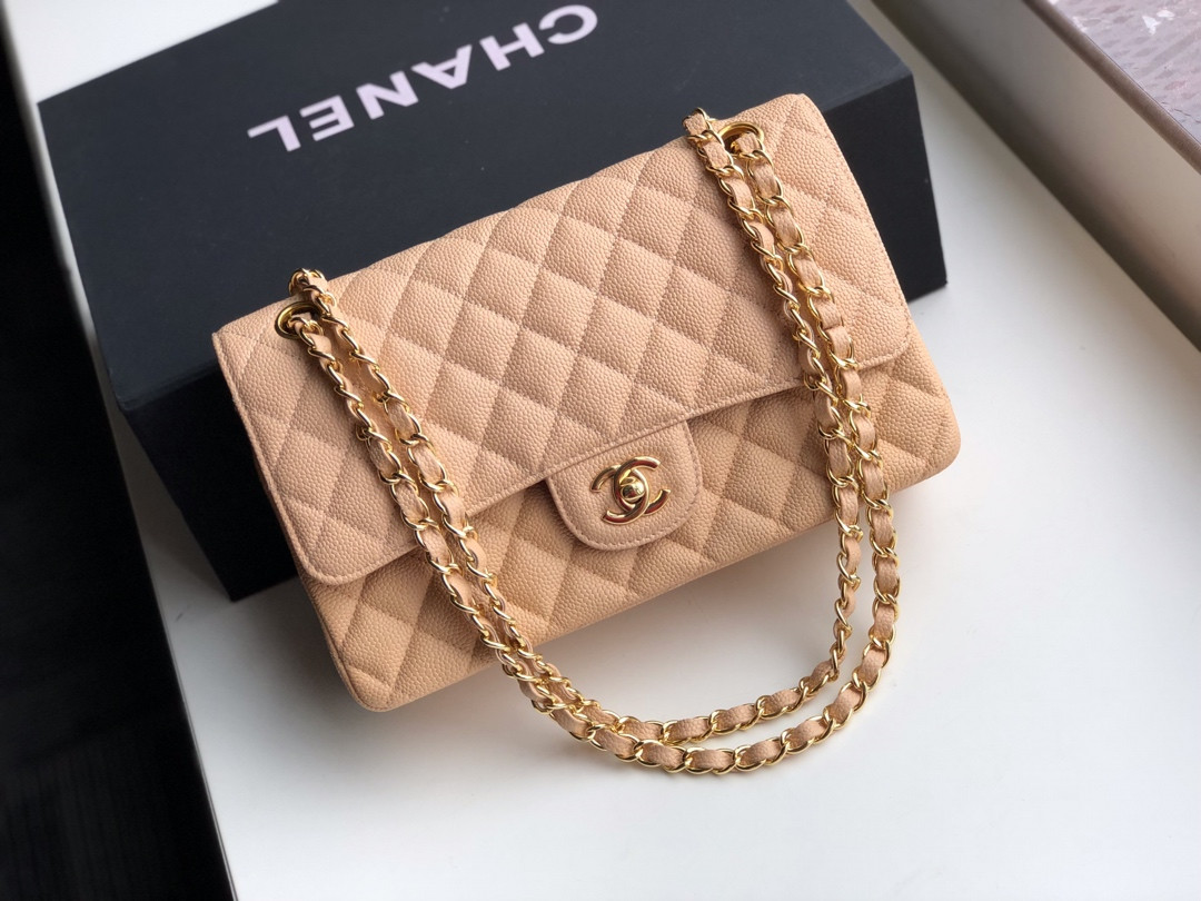 Ch**el CLASSIC HANDBAG GRAINED CALFSKIN & Gold-TONE METAL COFFEE 6 × 9.9 × 2.5 in