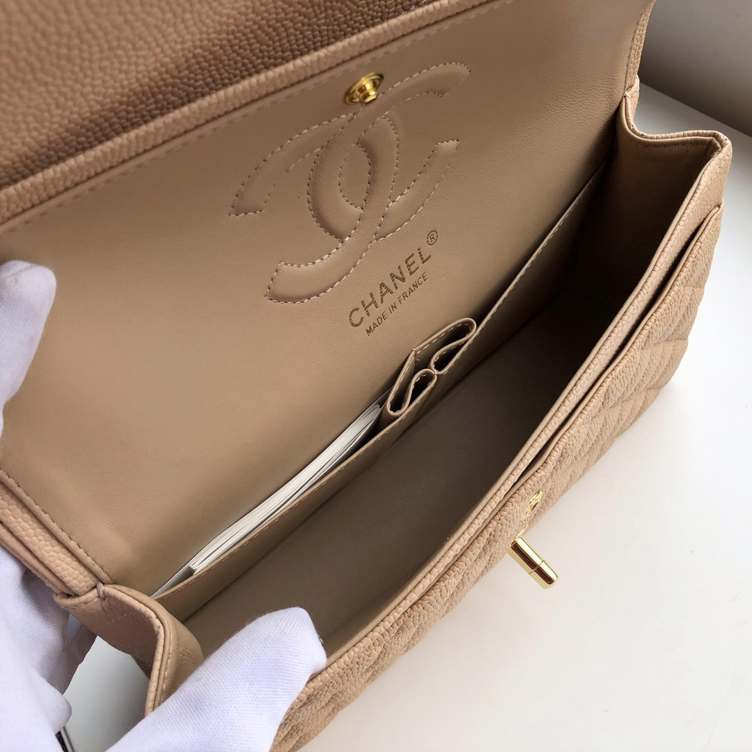 Ch**el CLASSIC HANDBAG GRAINED CALFSKIN & Gold-TONE METAL COFFEE 6 × 9.9 × 2.5 in