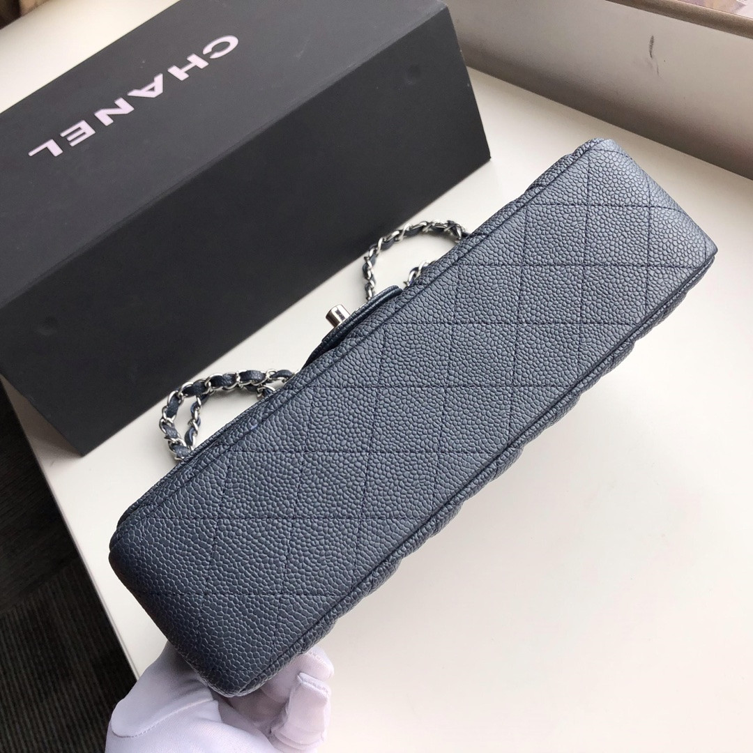 Ch**el CLASSIC HANDBAG GRAINED CALFSKIN & SILVER-TONE METAL NAVY 6 × 9.9 × 2.5 in