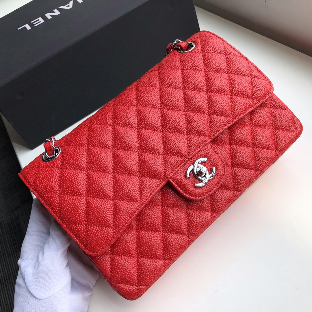 Ch**el CLASSIC HANDBAG GRAINED CALFSKIN & SILVER-TONE METAL SHINY red 6 × 9.9 × 2.5 in