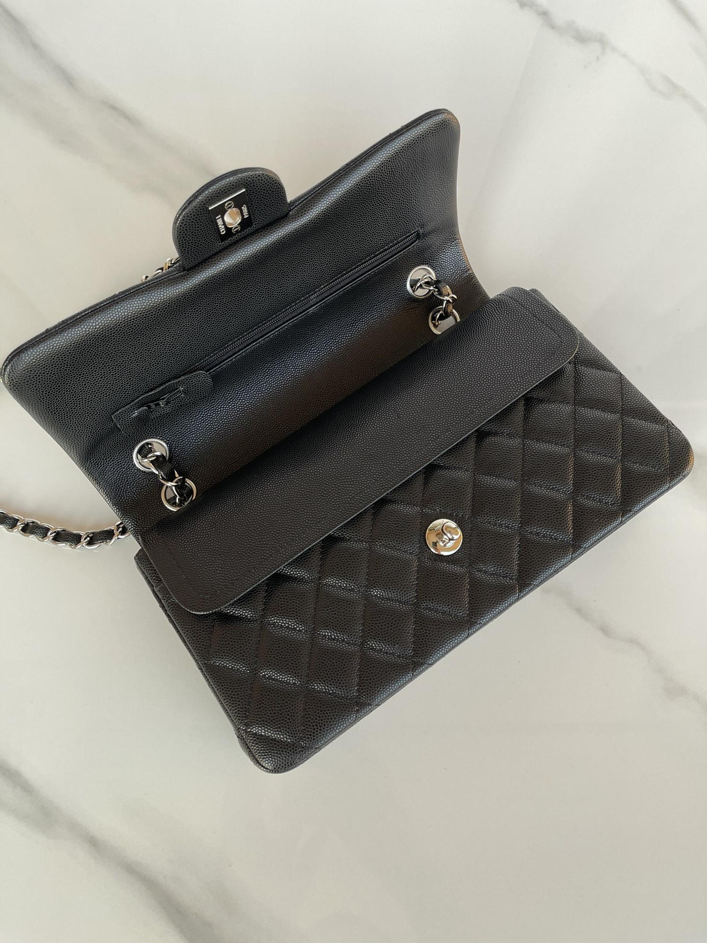 Ch**el CLASSIC HANDBAG GRAINED CALFSKIN 6 × 9.9 × 2.5 in