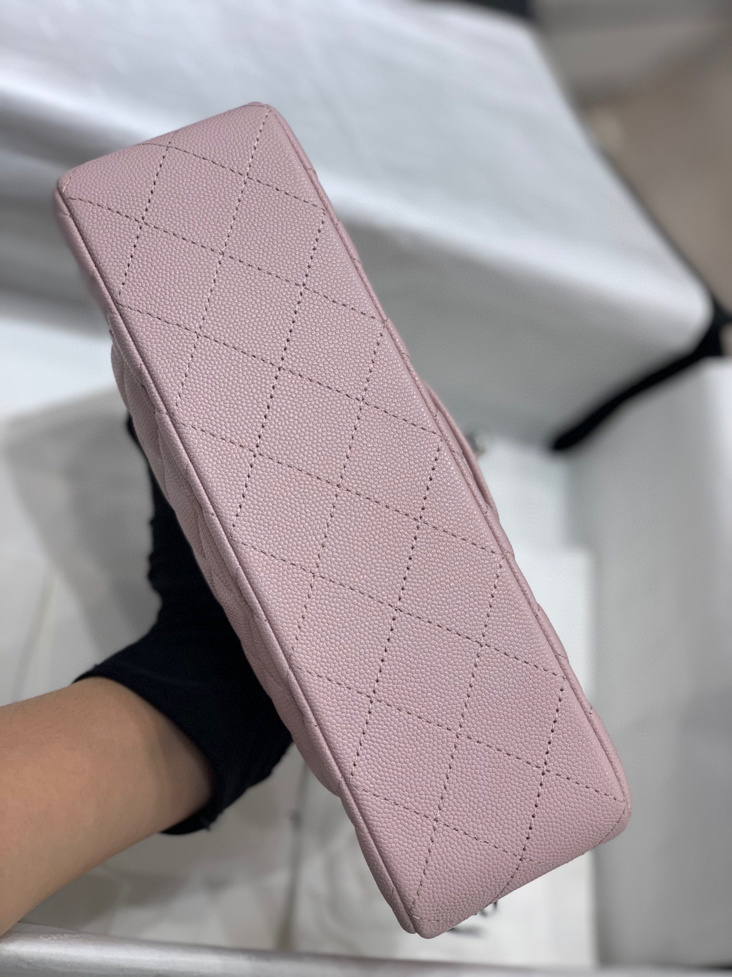 Ch**el CLASSIC HANDBAG Grained Calfskin & Silver-Tone Metal Pink 6 × 9.9 × 2.5 in