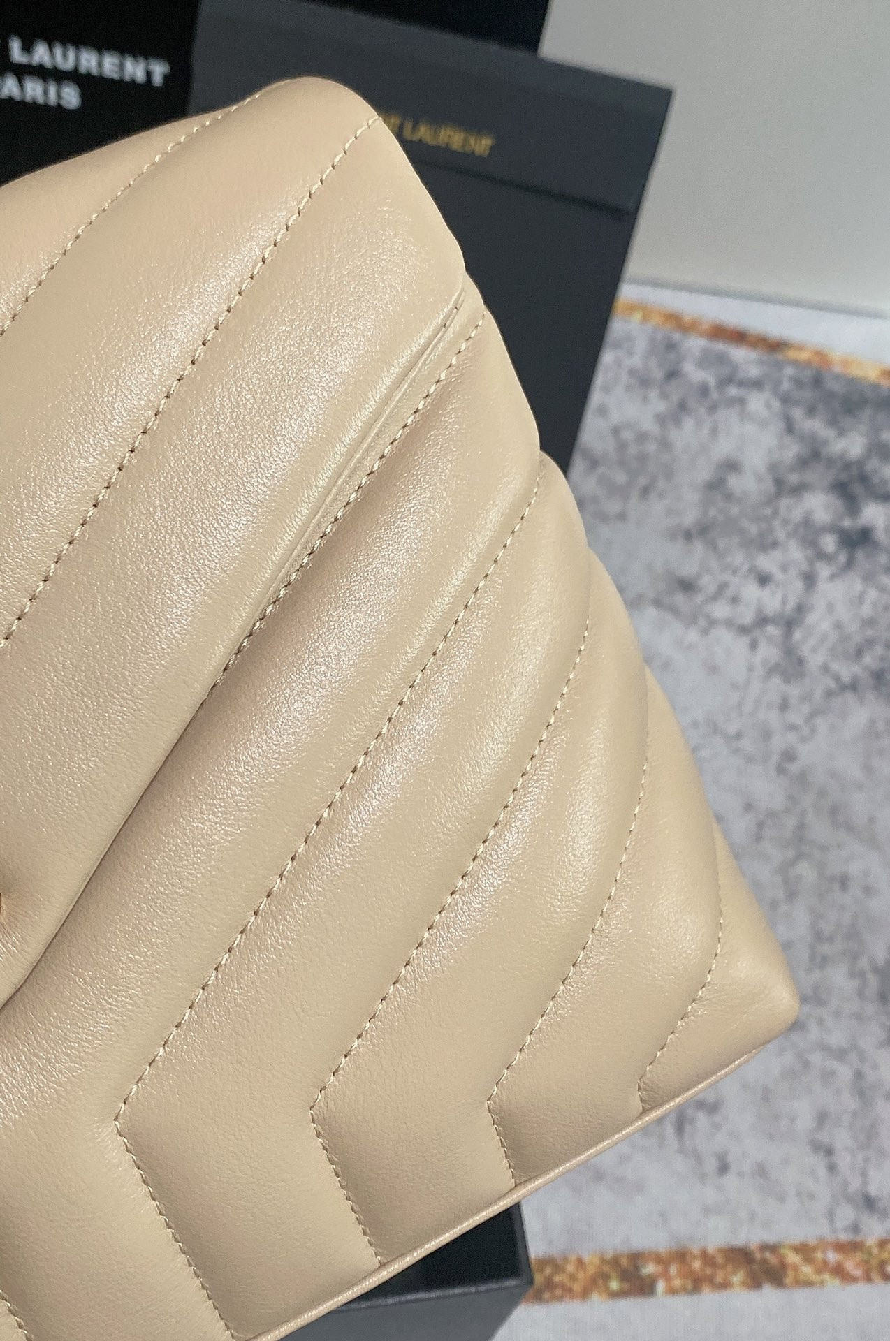 Y51 LOULOU SMALL IN QUILTED LEATHER light beige 9 X 6.1 X 3.3 INCHES