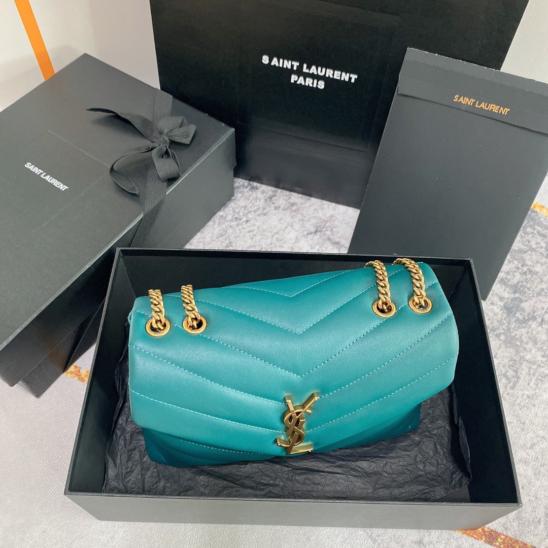 Y51 LOULOU SMALL IN QUILTED LEATHER BLUE GOLD 9 X 6.1 X 3.3 INCHES