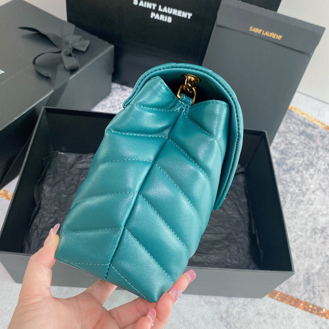 Y51 LOULOU SMALL IN QUILTED LEATHER BLUE GOLD 9 X 6.1 X 3.3 INCHES