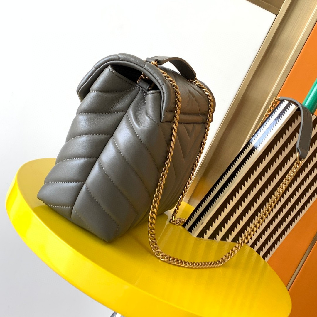 Y51 LOULOU SMALL IN QUILTED LEATHER GRAY GOLD 9 X 6.1 X 3.3 INCHES