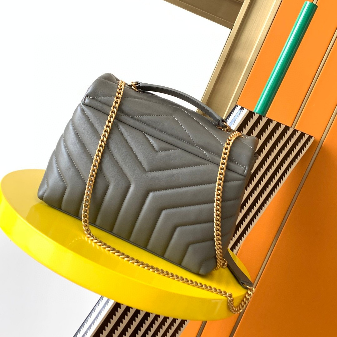 Y51 LOULOU SMALL IN QUILTED LEATHER GRAY GOLD 9 X 6.1 X 3.3 INCHES