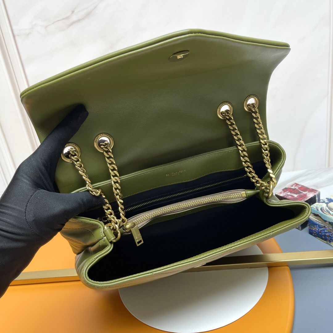 Y51 LOULOU MEDIUM IN QUILTED LEATHER DARK GREEN 12.5 X 8.6 X 3.5 INCHES