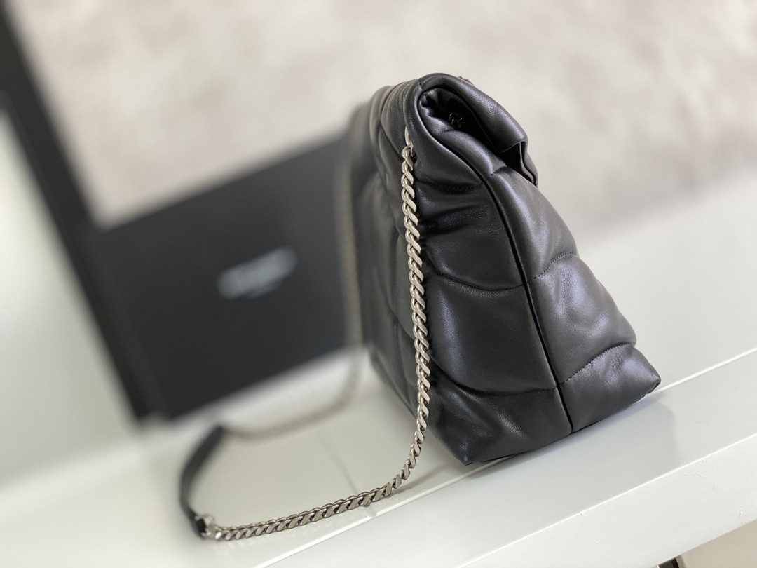 Y51 LOULOU PUFFER MEDIUM IN NAPPA LEATHER BLACK SILVER 13.7 X 9 X 5.3 INCHES